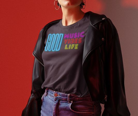 A music tshirt design with the text "good music vibes life".