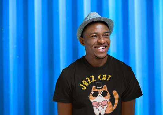 A jazz tshirt design with the text "jazz cat" and a picture of a cat. For the real jazz cats wanting a funny music tshirt