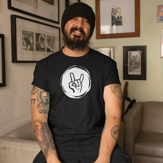 A rock tshirt design with the graphics of a hand doing the "sign of the horns". A cool tshirt with minimalistic design