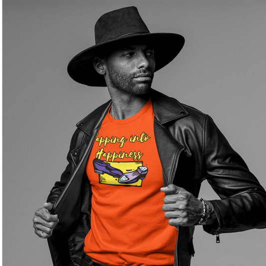 A tap dance tshirt design with the text "tapping into happiness" and graphics of a tap dance shoes.