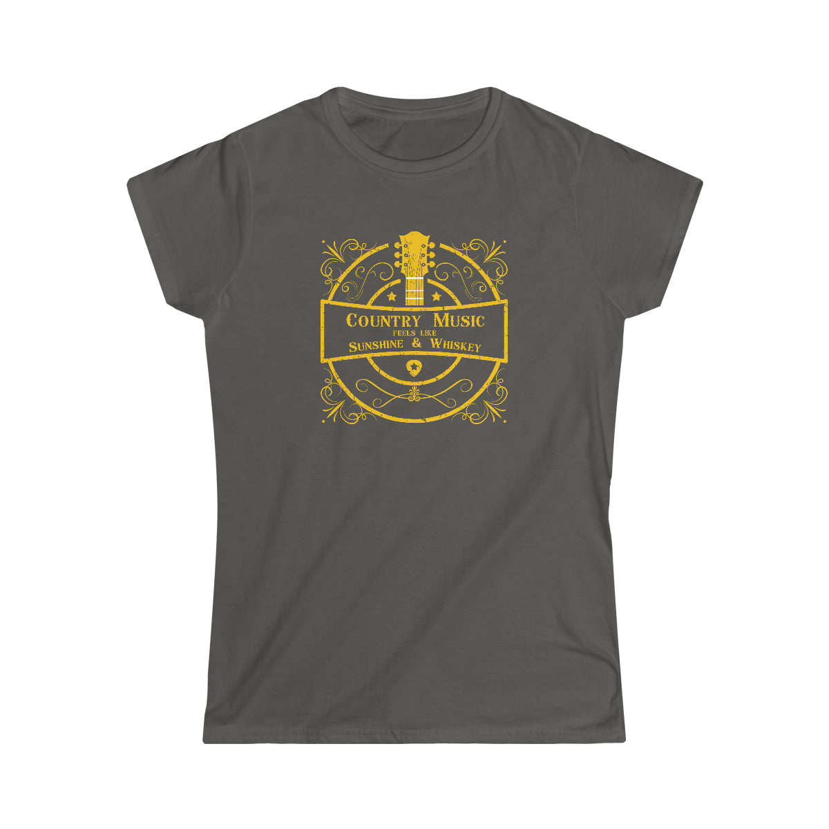 Country music tshirt with the text "Country music feels like sunshine & whiskey". The images on it is a golden guitar surrounded by golden colored retro graphics. This music tshirt is for the lovers of line dance