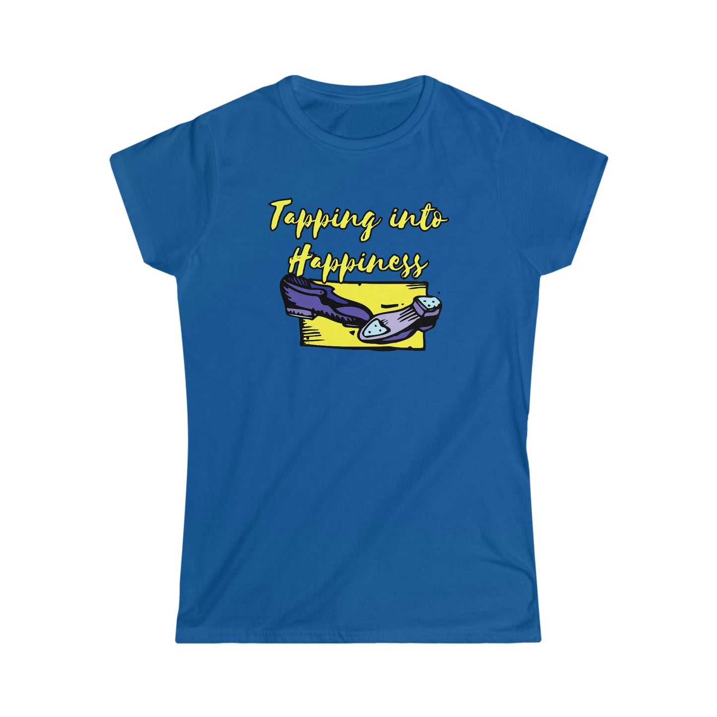 A tap dance tshirt with the text "Tapping into happines" and a picture of tap dance shoes. Great for tap dancers!