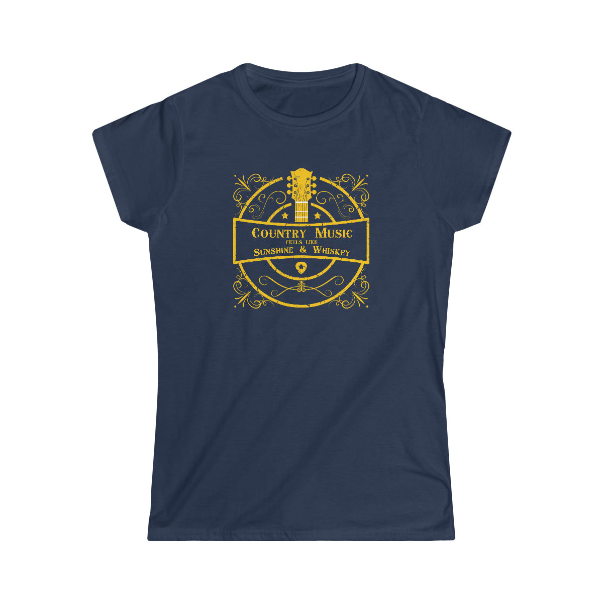 Country music tshirt with the text "Country music feels like sunshine & whiskey". The images on it is a golden guitar surrounded by golden colored retro graphics. This music tshirt is for the lovers of line dance