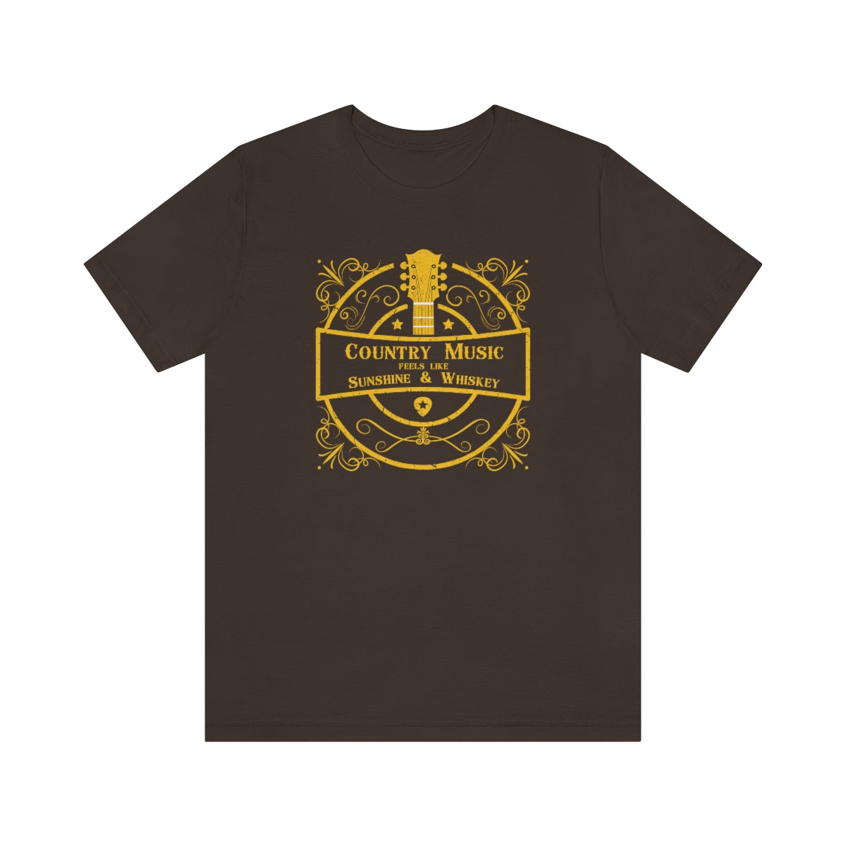 Country music tshirt with the text "Country music feels like sunshine & whiskey". The images on it is a golden guitar surrounded by golden colored retro graphics. This music tshirt is for the lovers of line dance