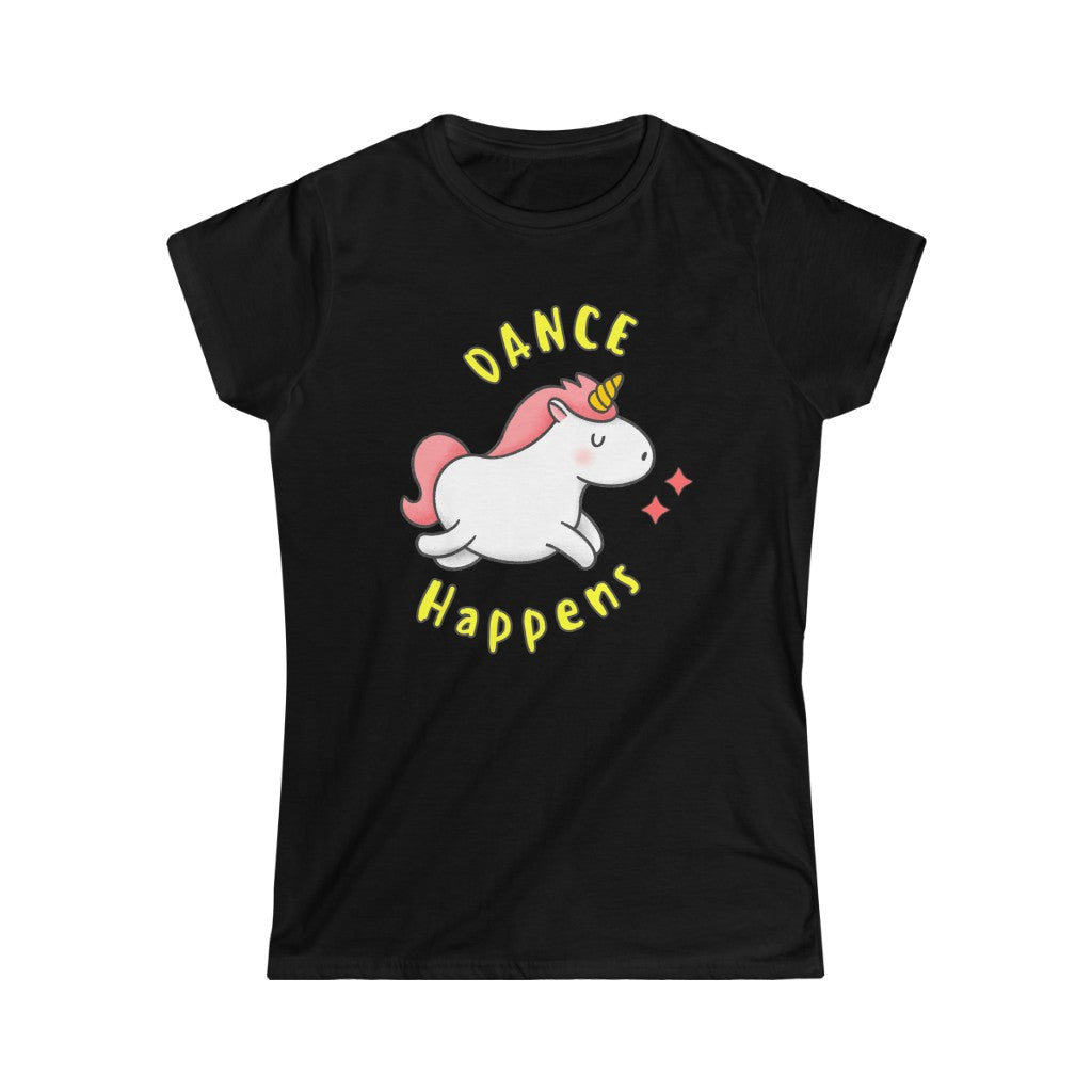 The funniest of dance tshirts with the text "dance happens" and a dancing unicorn. A comical dance t shirt for those who eat sleep dance repeat.