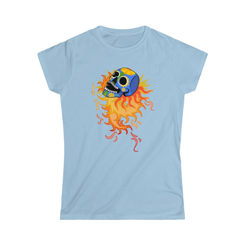 A rock tshirt with a flaming skull in mexican folkart style. A real rock tshirt.