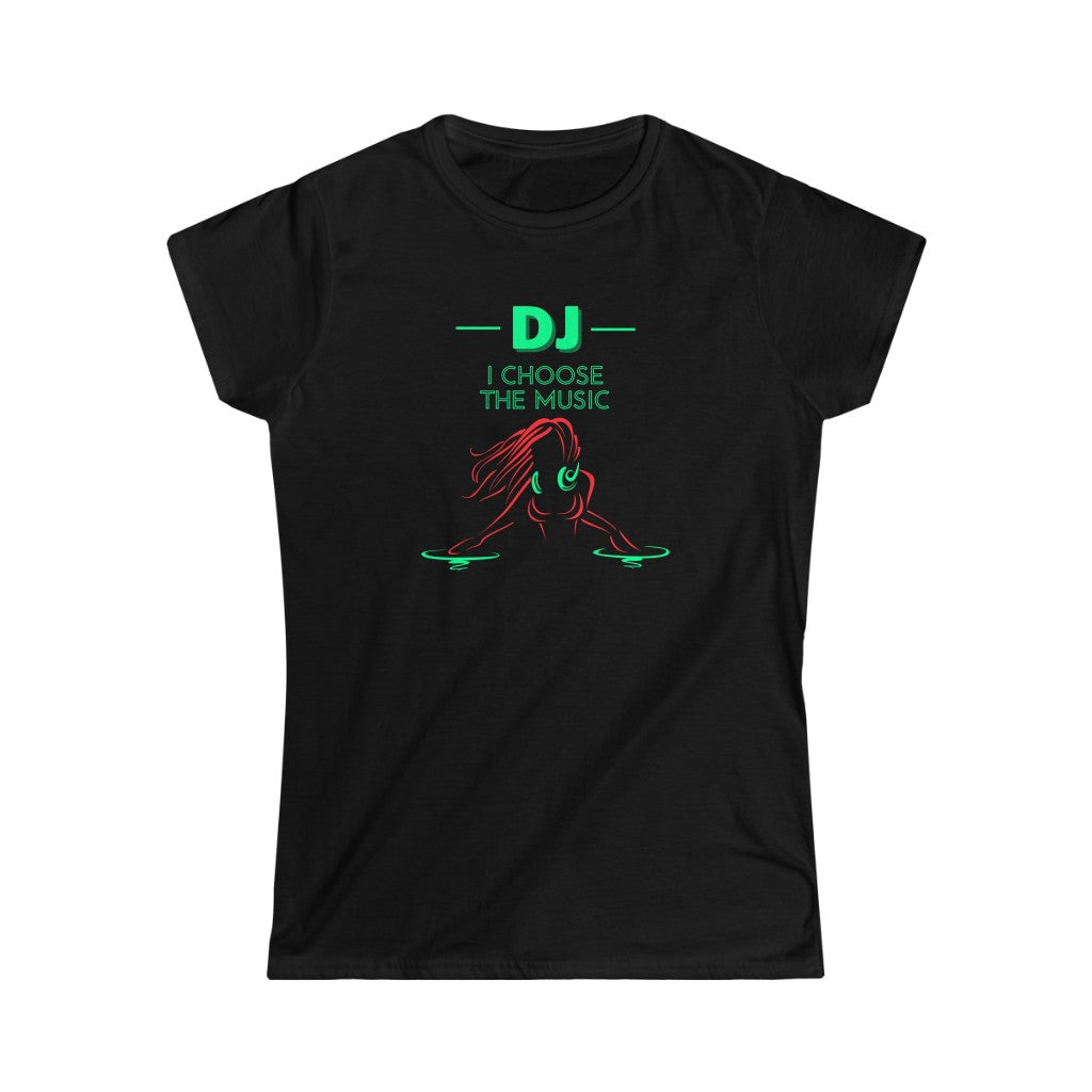 A music T shirt with the text "DJ I choose the music". A woman is depiced in red neon colors scartching her mixerboard.