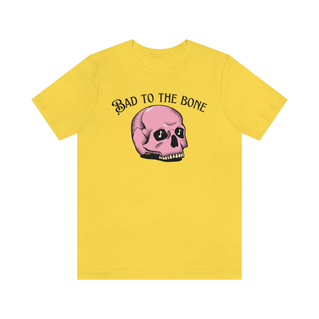A rock tshirt with the text "bad to the bone". For lovers of classic rock and needing a rock tshirt.