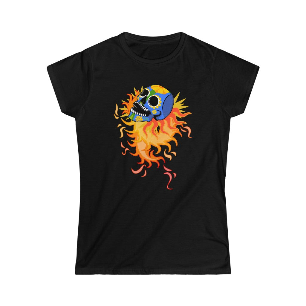 A rock tshirt with a flaming skull in mexican folkart style. A real rock tshirt.