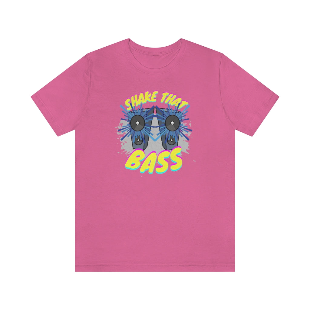 A funny music tshirt for bassheads. It has the text "shake that bass" on it. For the real one wanting a real basshead tshirt