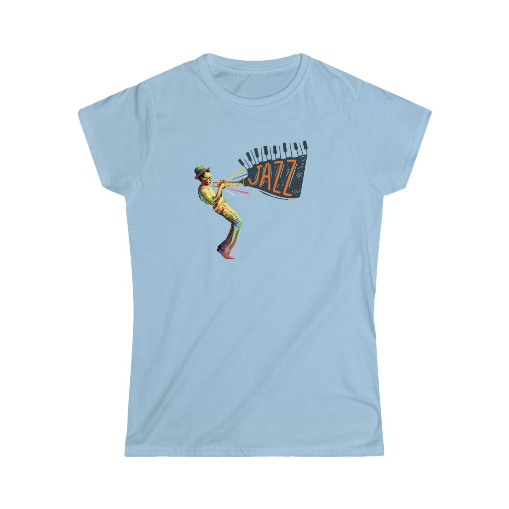 A jazz music tshirt with the text "Jazz" coming out from a trumpet players instrument. The trumpet player is colored in vivid colors