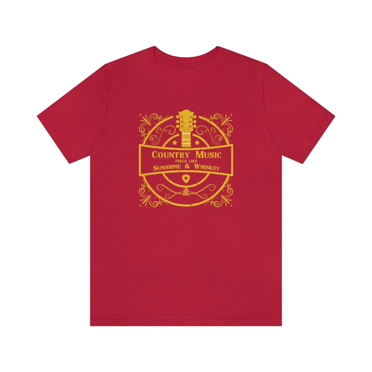 Country music tshirt with the text "Country music feels like sunshine & whiskey". The images on it is a golden guitar surrounded by golden colored retro graphics. This music tshirt is for the lovers of line dance
