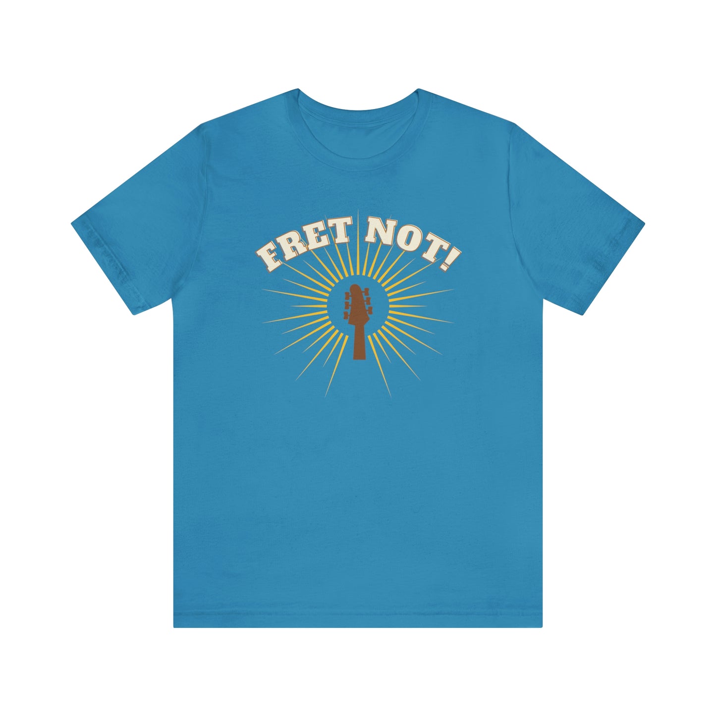 A guitar tshirt with the text "Fret not" and a picture of a guitar with a halo surrounding it