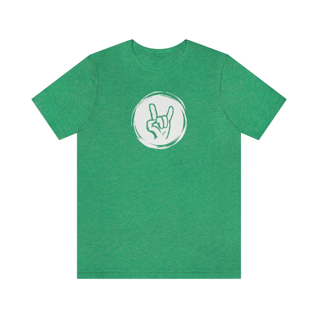 A rock tshirt with the graphics of a hand doing the rock sign "Sign of the horns"