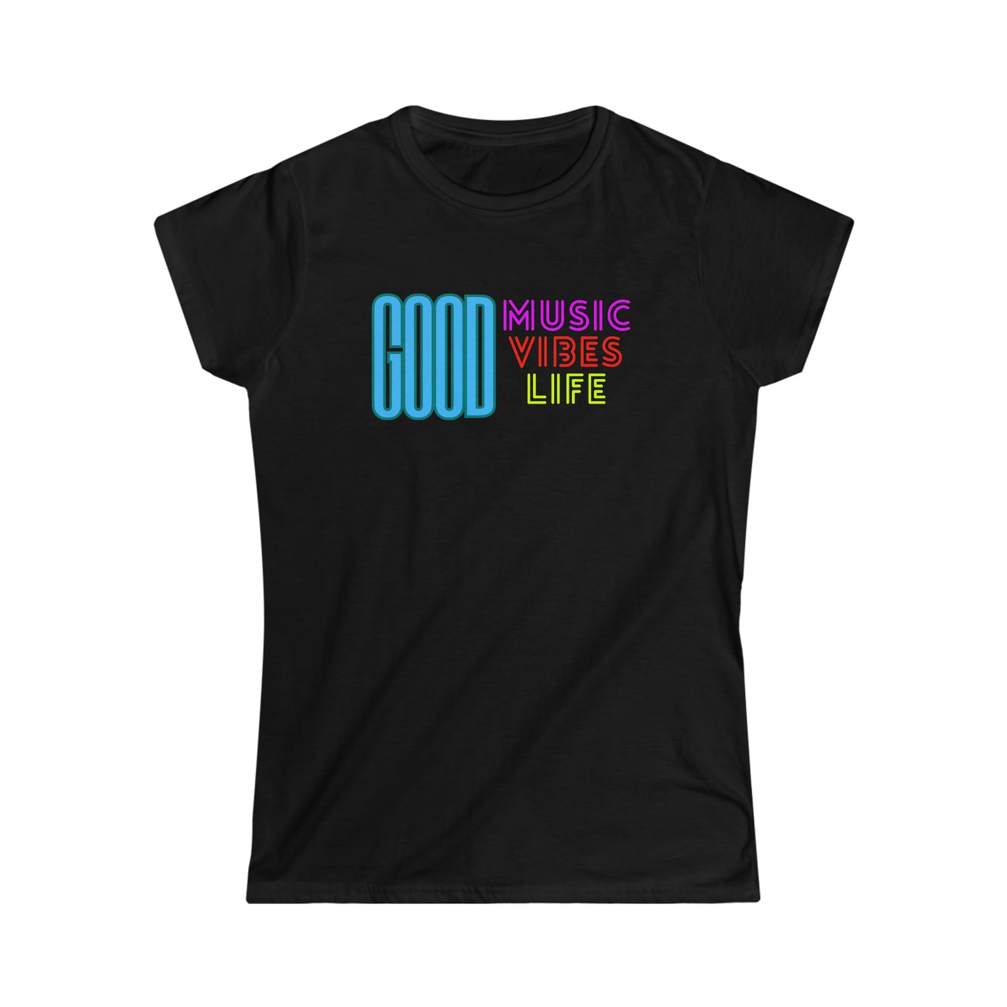 Cool music tshirt with the text "Good music vibes life" in neon colors