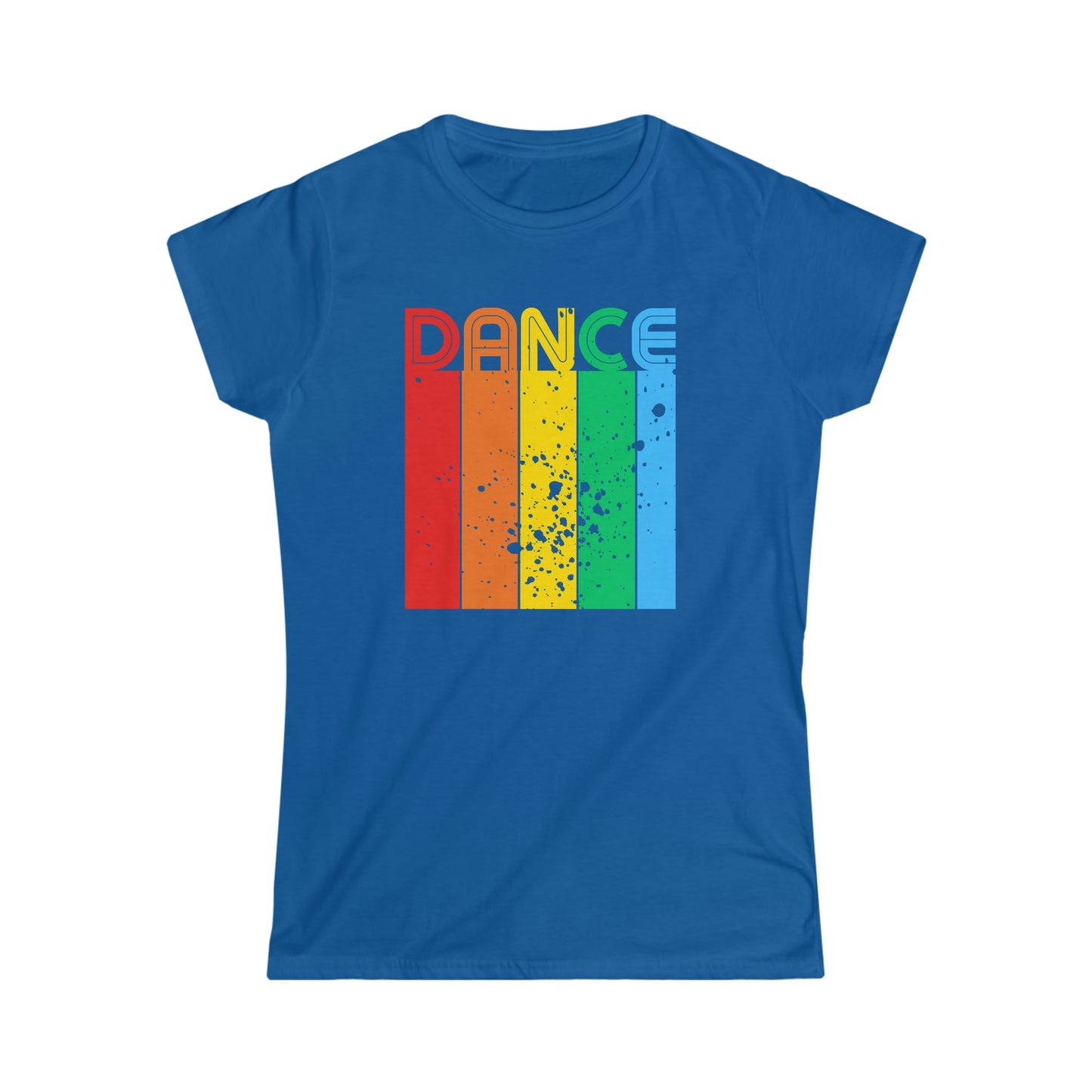 A dance tshirt with the text "Dance". Each letter has a unique color and sits on top of a column with the same color