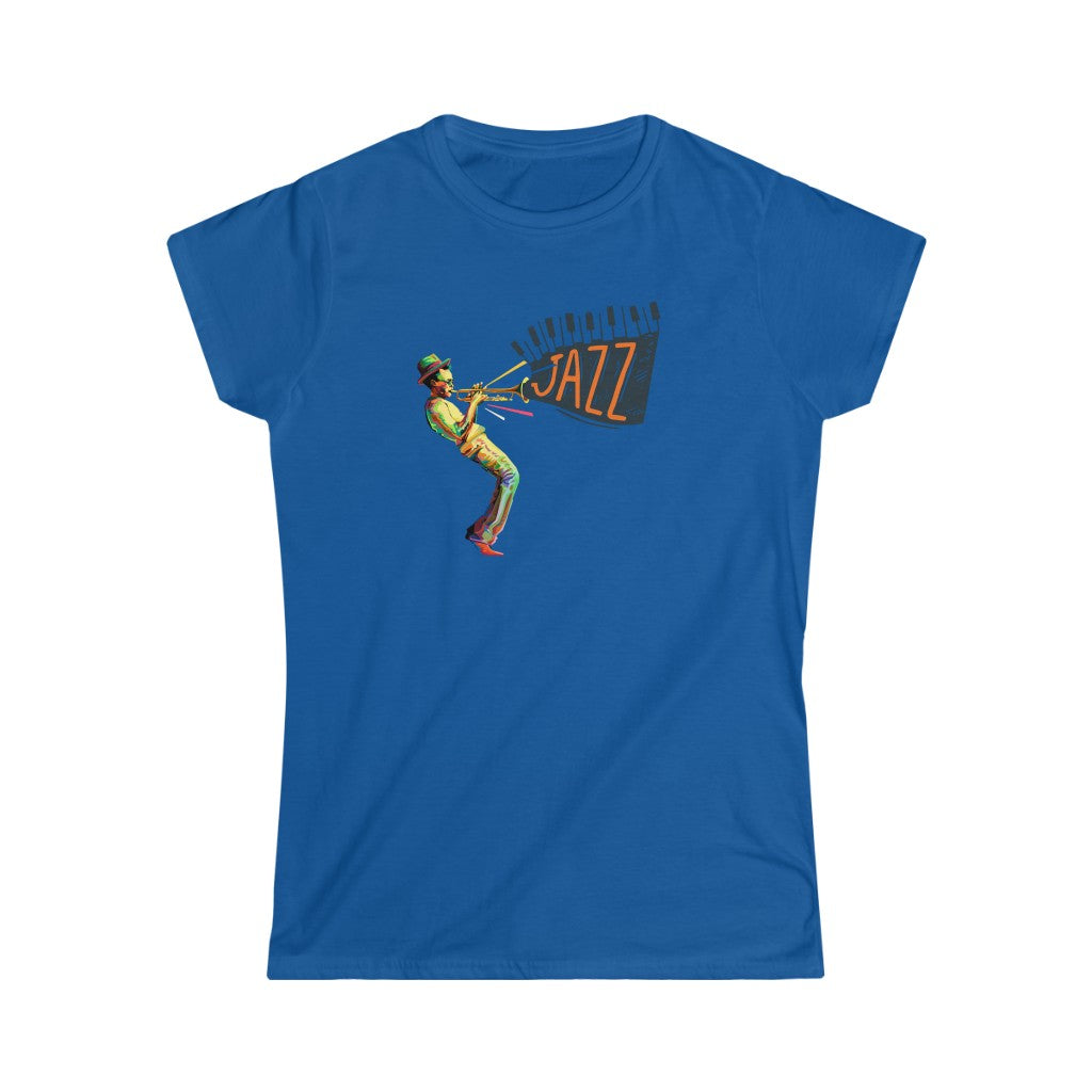 A jazz music tshirt with the text "Jazz" coming out from a trumpet players instrument. The trumpet player is colored in vivid colors