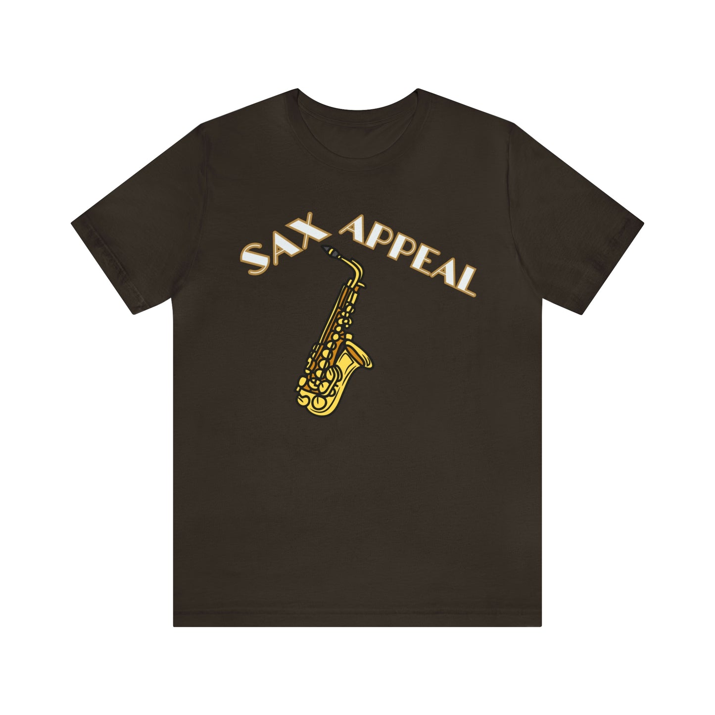 A music tshirt with the text "Sax appeal" with a retro font and a picture of saxophone. A funny jazz music tshirt!