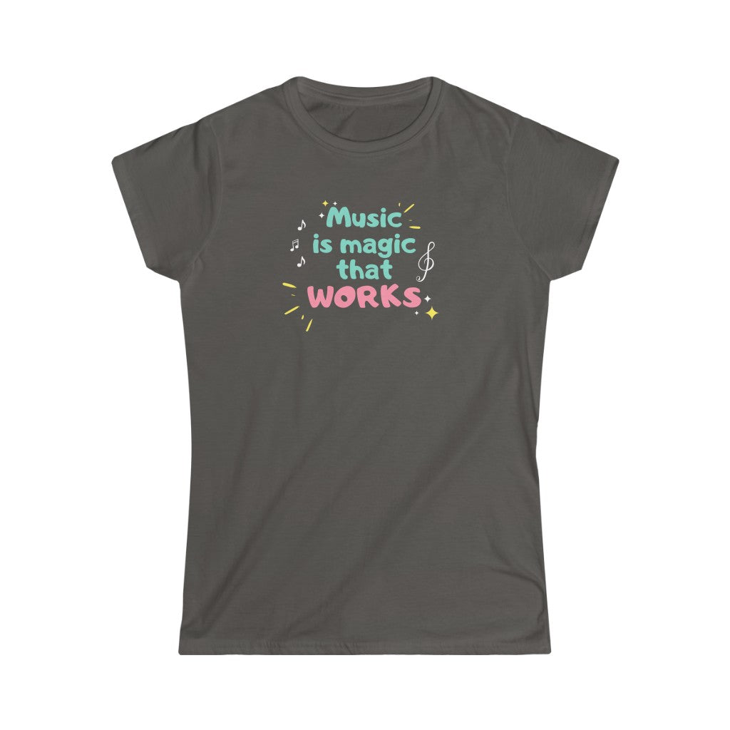 For the one who need funny t shirts. A music tshirt with the text "Music is magic that works".