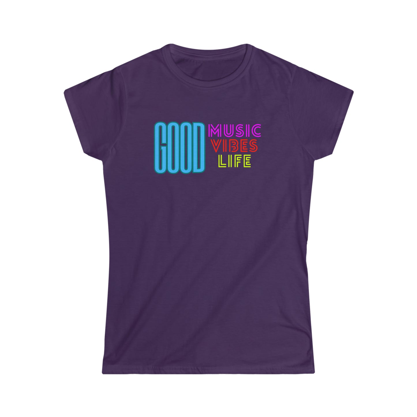 Cool music tshirt with the text "Good music vibes life" in neon colors