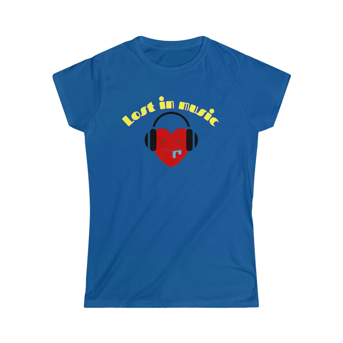 A music tshirt with the text "Lost in music" and a picture of a cartoon heart drooling while it's listening to music on its headphones