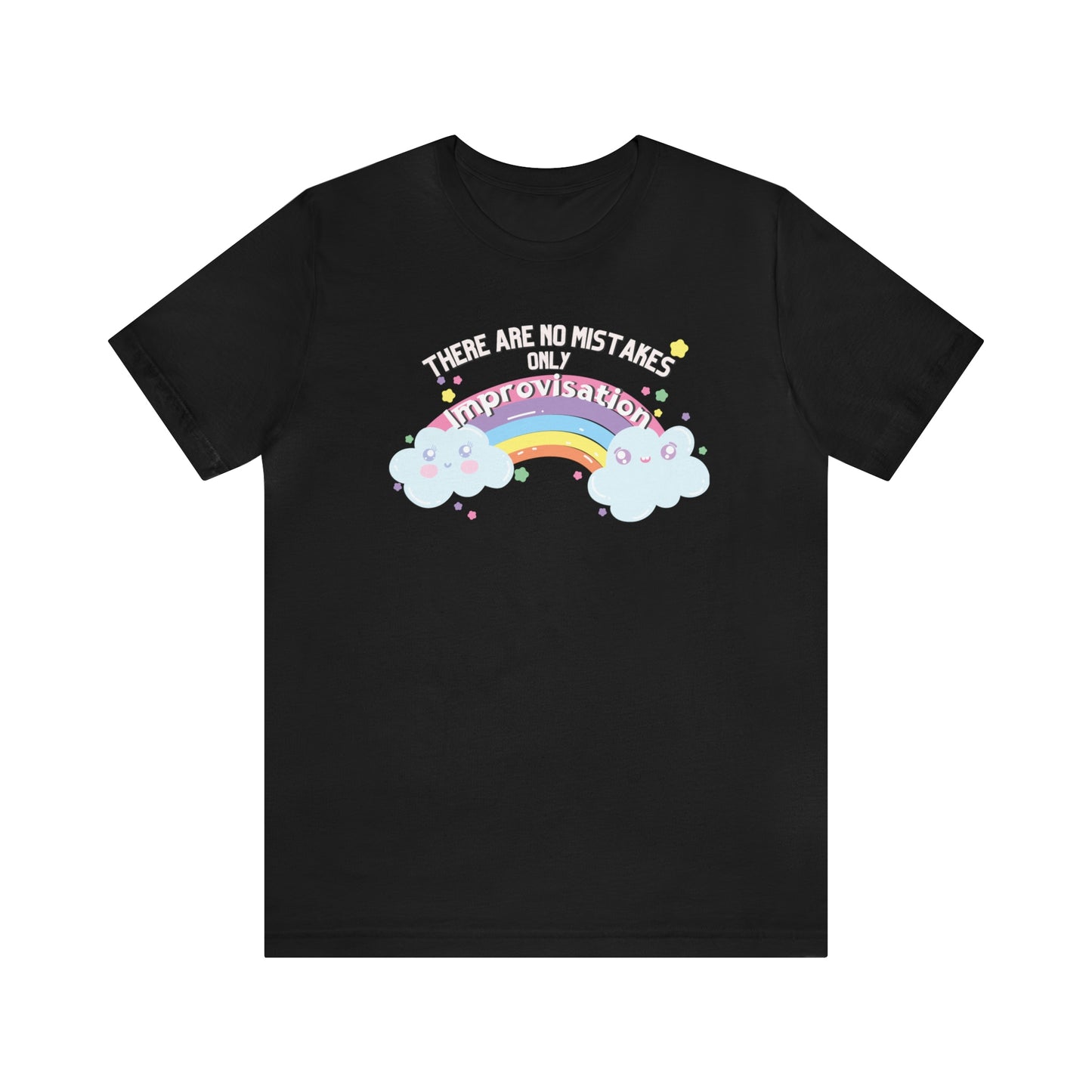 Funny dance tshirt with the text "there are no mistakes only improvisation" and two happy clouds connected by a rainbow