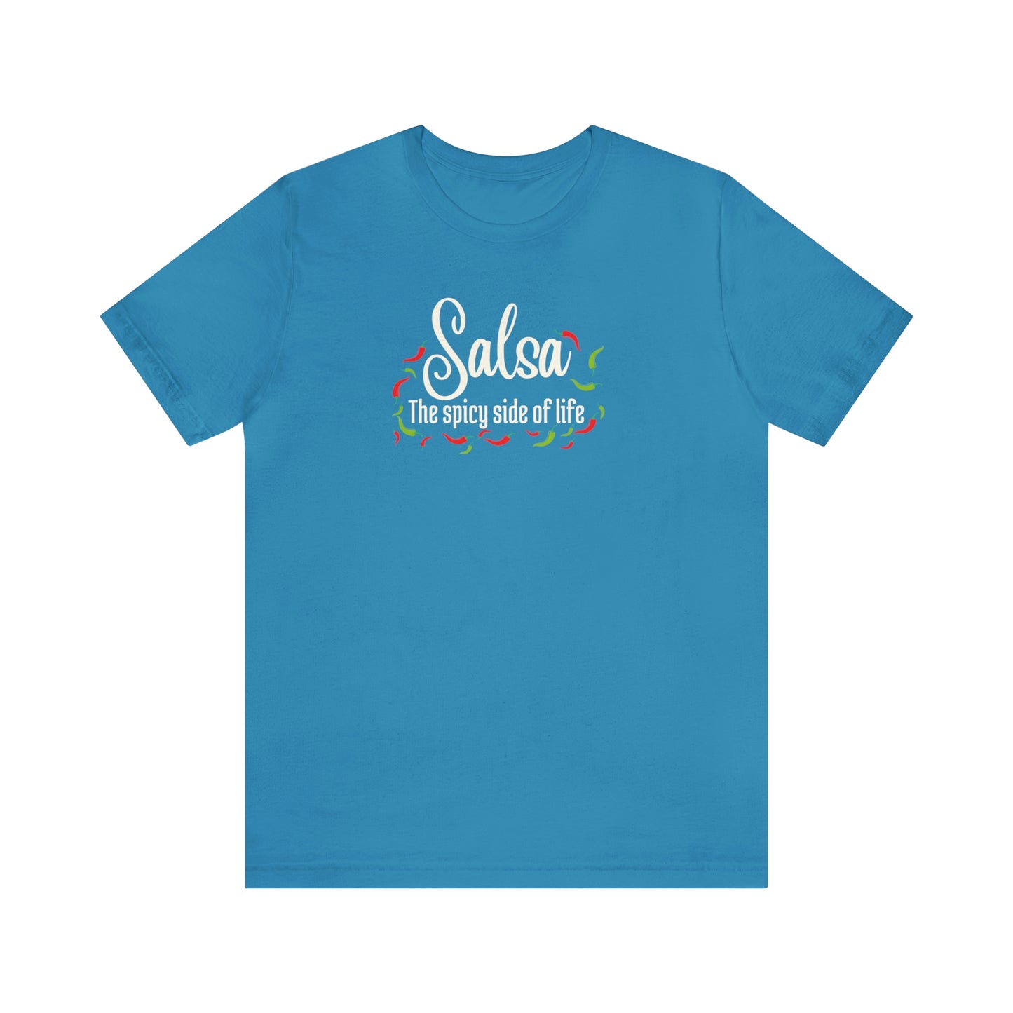 A salsa dance tshirt for salsa dancers with the text "Salsa the spicy side of life" and lots of pictures of small chilis surrounding it