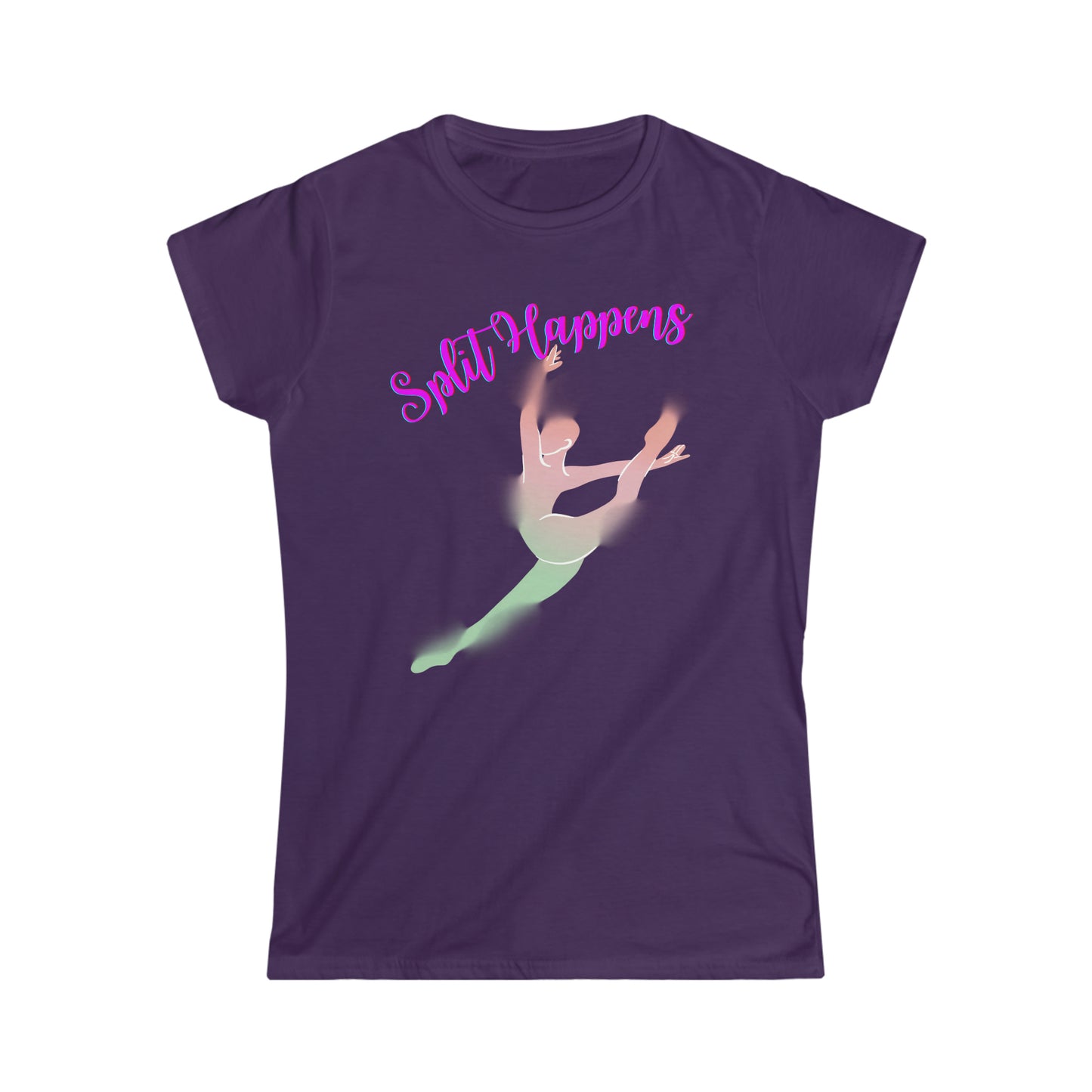 A ballet dance tshirt with the text "Split happens" and a picture of a ballerina doing the splits. The best of all dance t shirts for ballerinas!