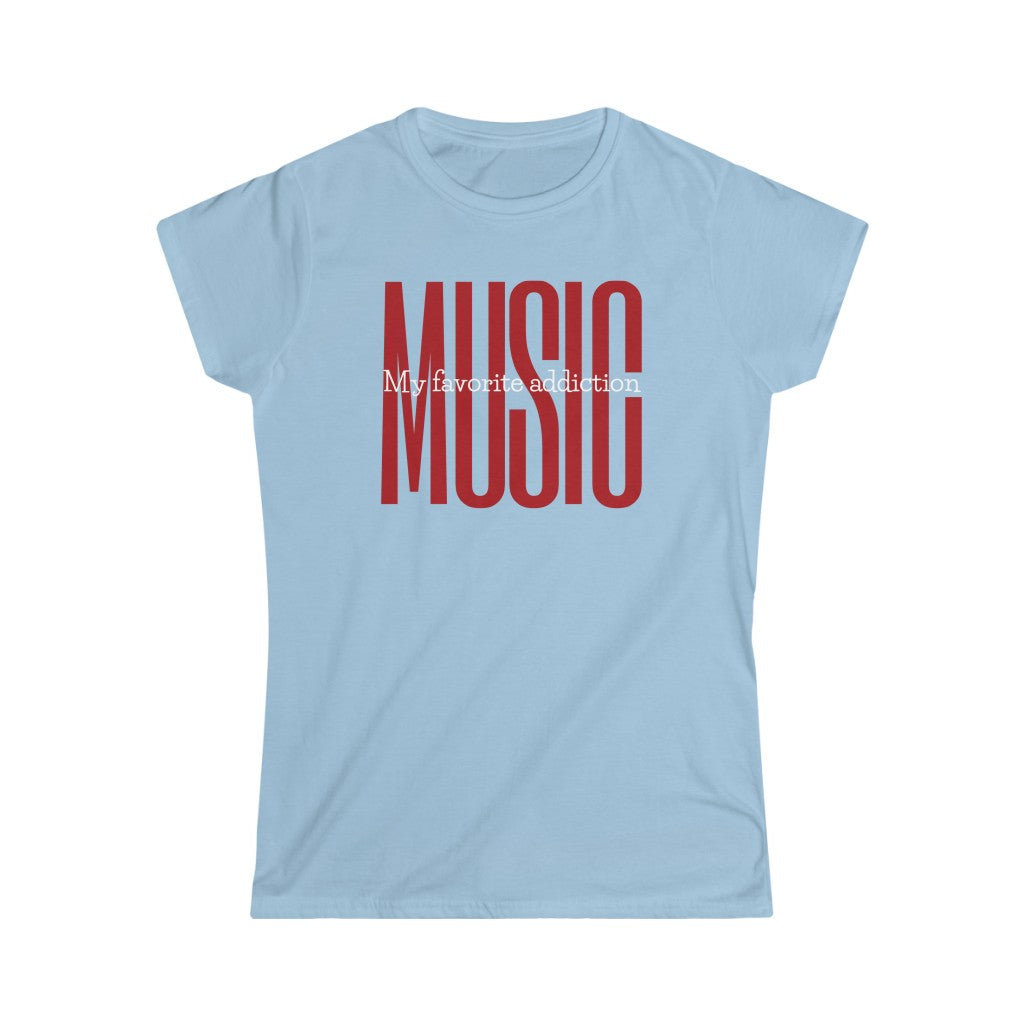 A music tshirt with the text "music my favorite addiction". A comical music tshirt for music lovers.