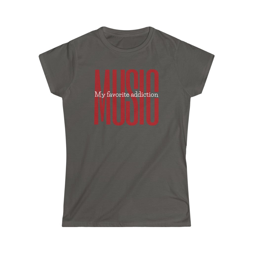 A music tshirt with the text "music my favorite addiction". A comical music tshirt for music lovers.