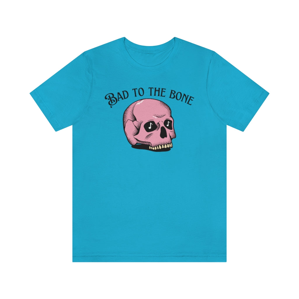 A rock tshirt with the text "bad to the bone". For lovers of classic rock and needing a rock tshirt.