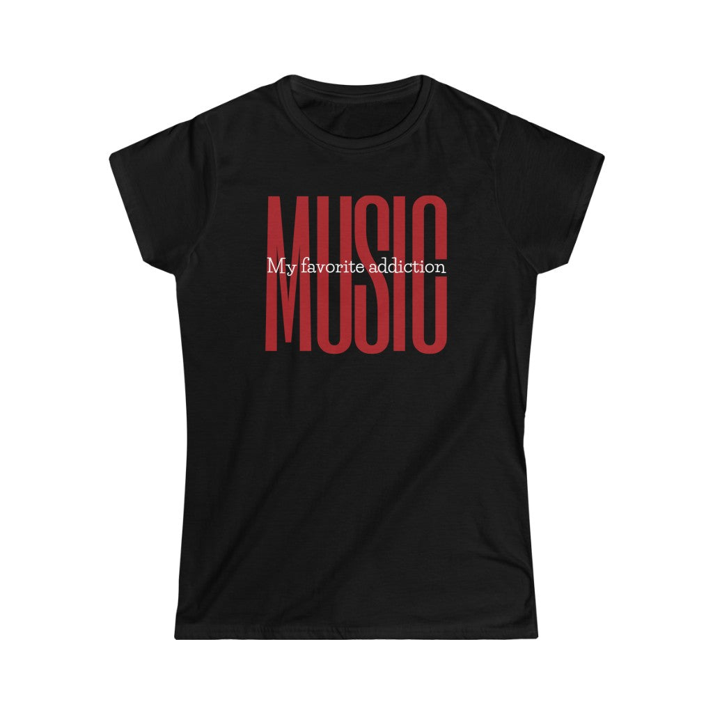 A music tshirt with the text "music my favorite addiction". A comical music tshirt for music lovers.