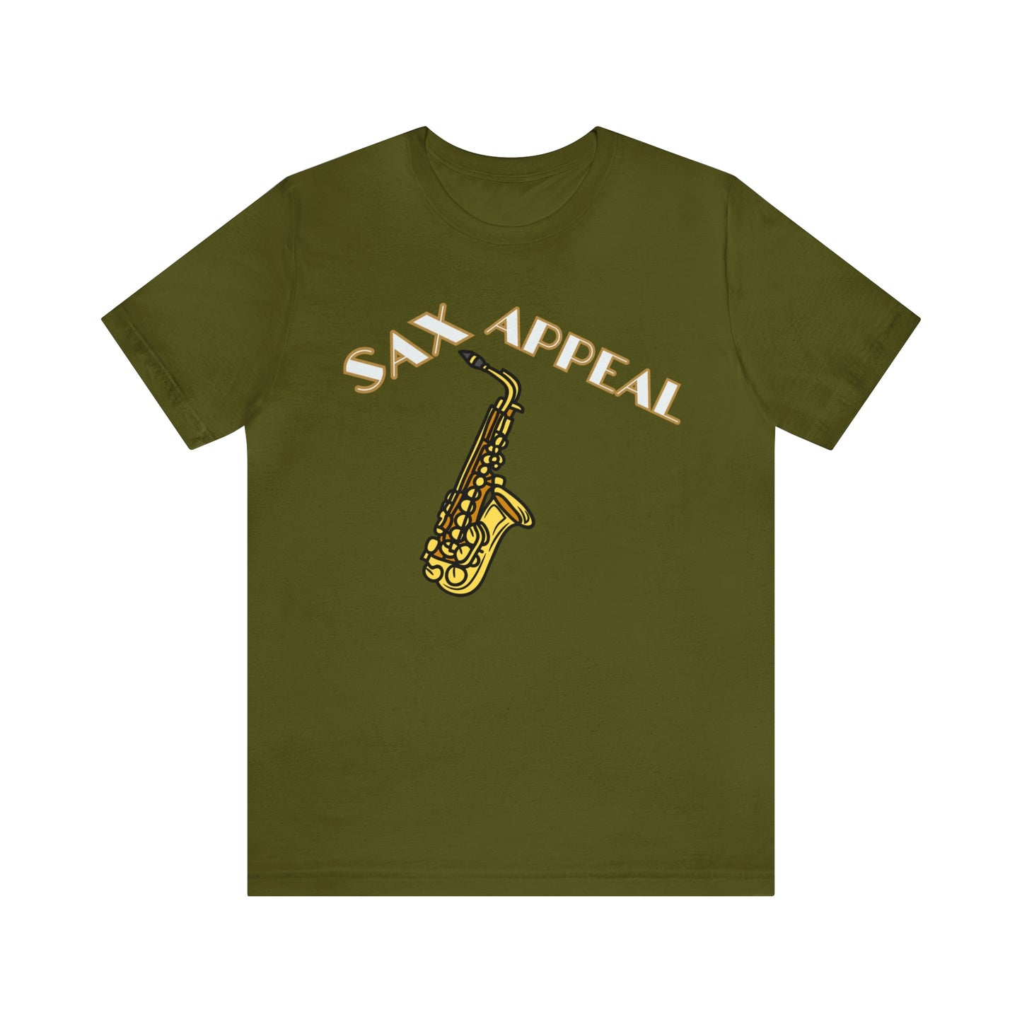 A music tshirt with the text "Sax appeal" with a retro font and a picture of saxophone. A funny jazz music tshirt!