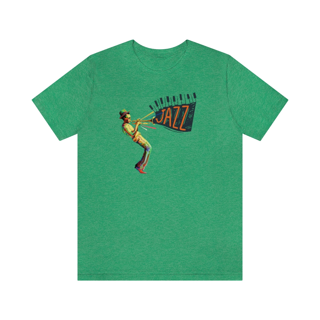 A jazz music tshirt with the text "Jazz" coming out from a trumpet players instrument. The trumpet player is colored in vivid colors
