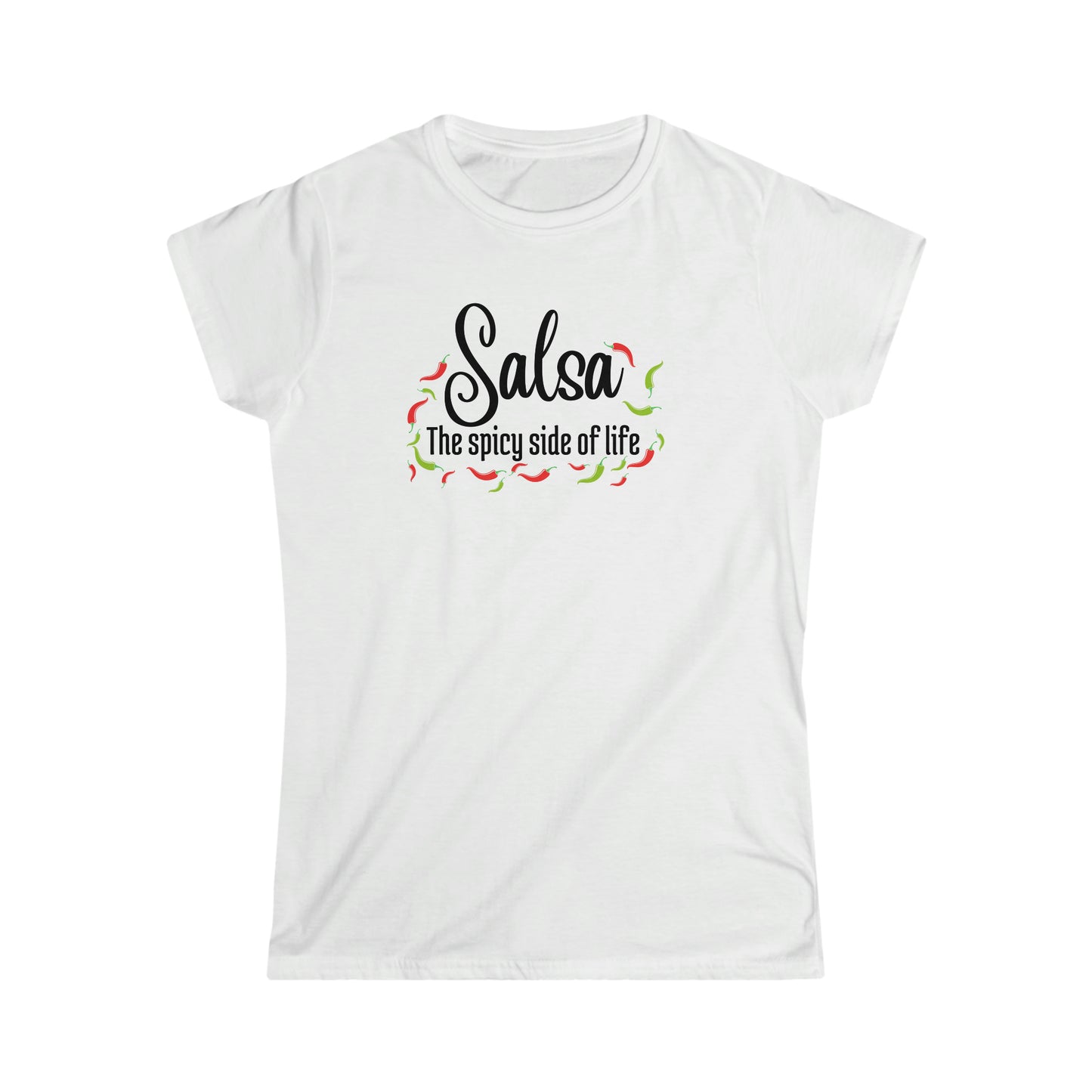 A salsa dance tshirt for salsa dancers with the text "Salsa the spicy side of life" and lots of pictures of small chilis surrounding it