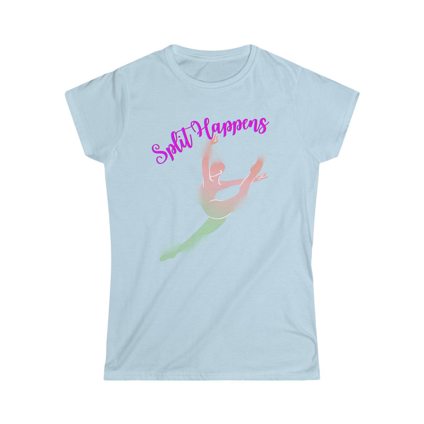 A ballet dance tshirt with the text "Split happens" and a picture of a ballerina doing the splits. The best of all dance t shirts for ballerinas!