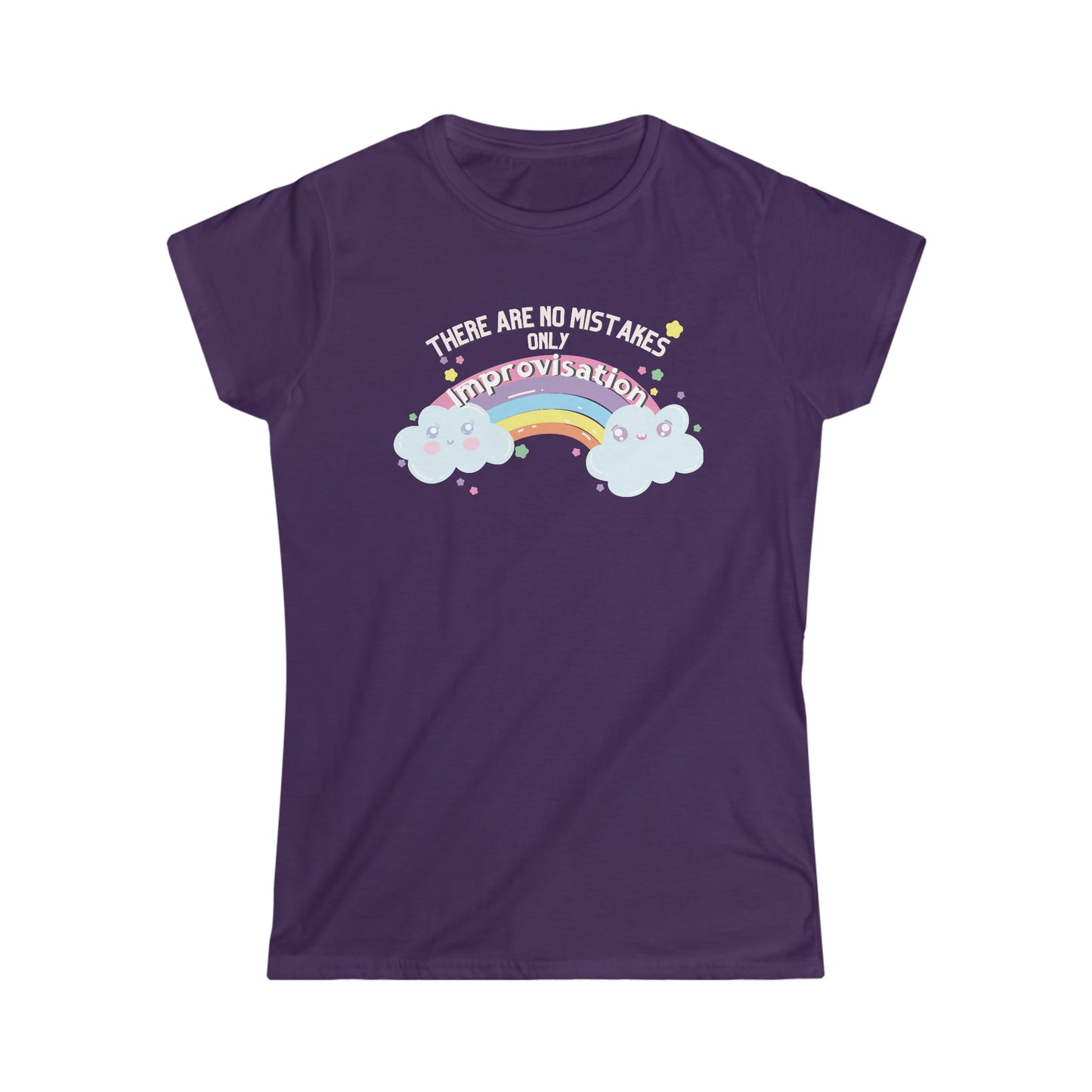 Funny dance tshirt with the text "there are no mistakes only improvisation" and two happy clouds connected by a rainbow