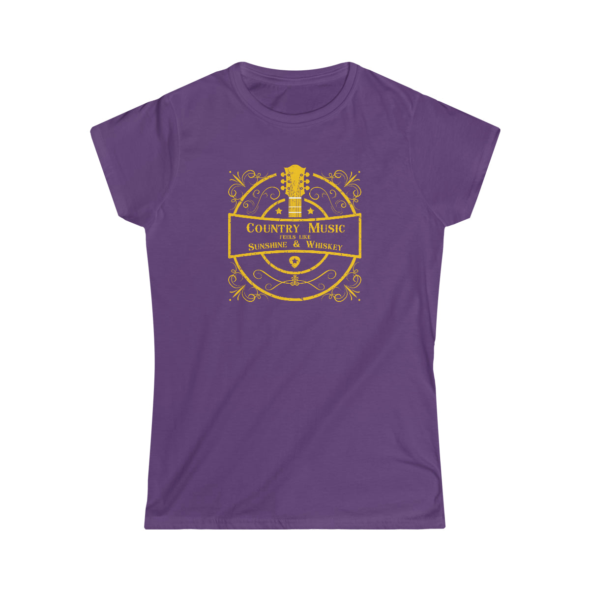 Country music tshirt with the text "Country music feels like sunshine & whiskey". The images on it is a golden guitar surrounded by golden colored retro graphics. This music tshirt is for the lovers of line dance