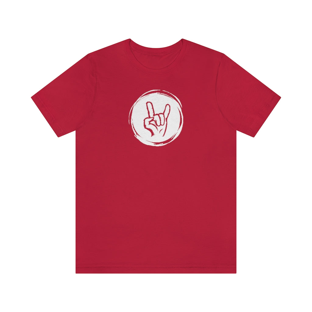 A rock tshirt with the graphics of a hand doing the rock sign "Sign of the horns"