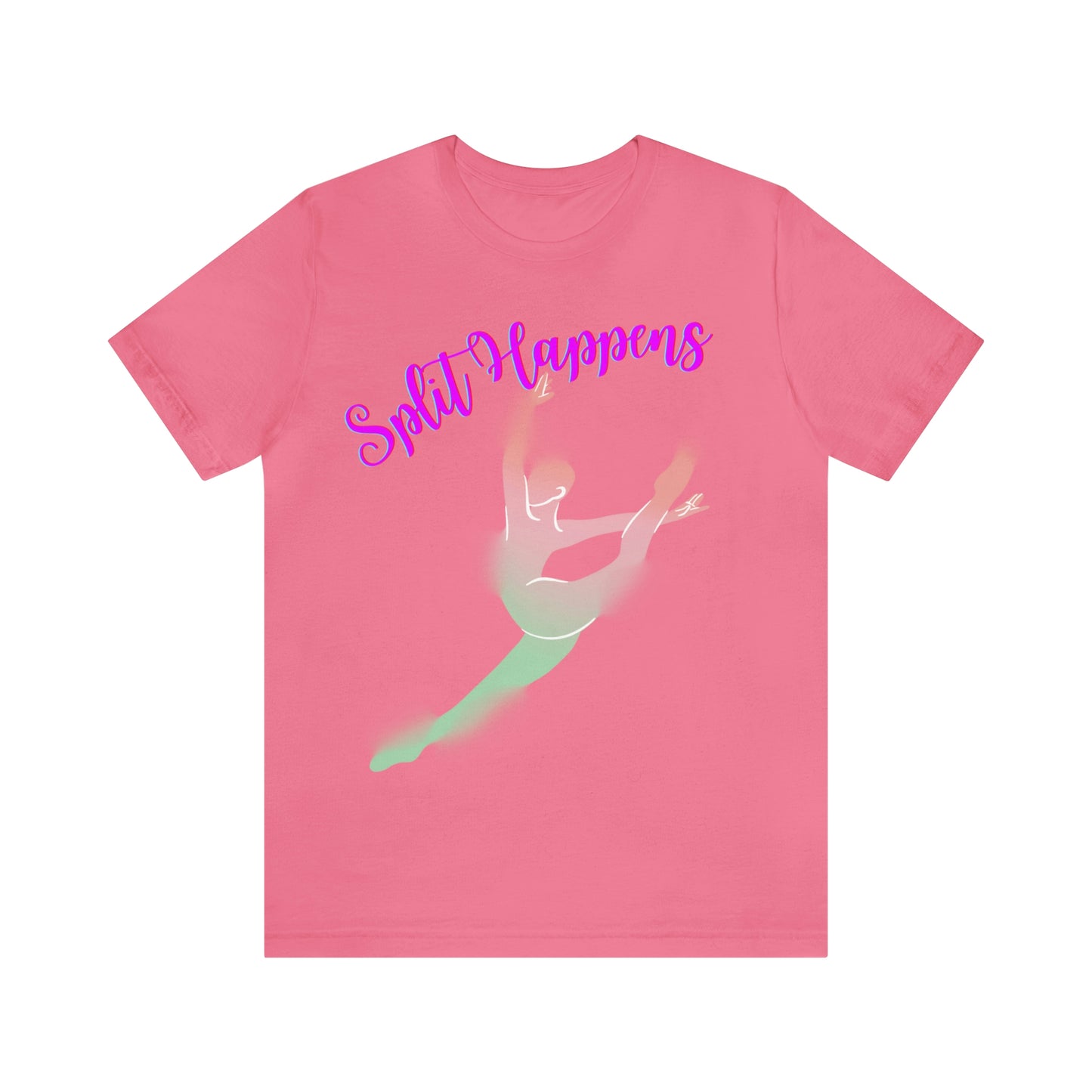 A ballet dance tshirt with the text "Split happens" and a picture of a ballerina doing the splits. The best of all dance t shirts for ballerinas!