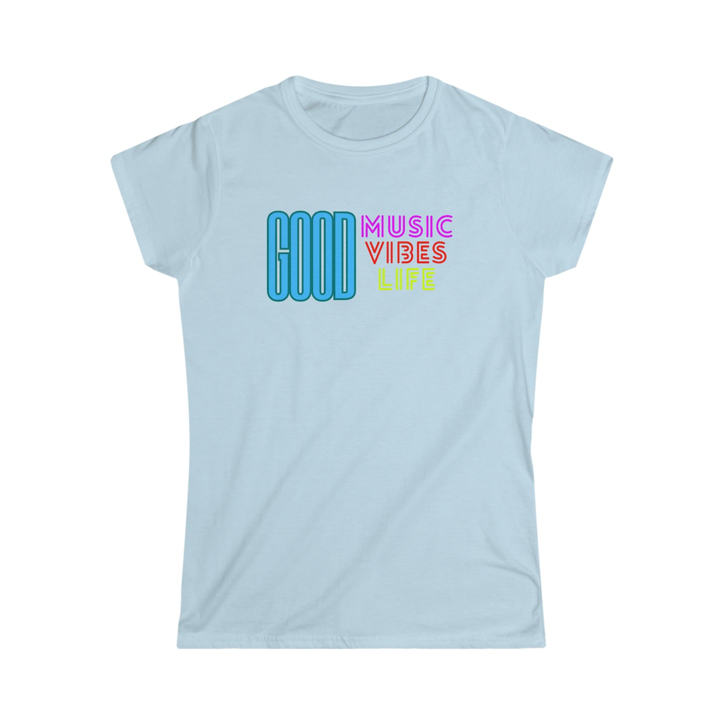 Cool music tshirt with the text "Good music vibes life" in neon colors