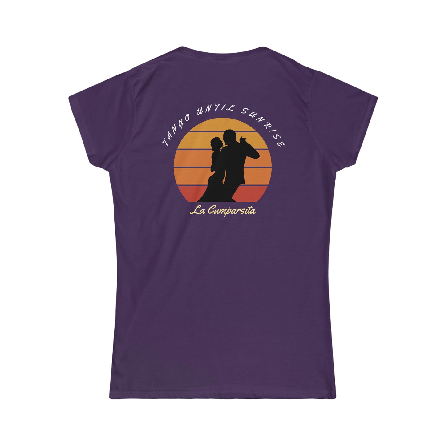 An argentine tango dance tshirt with the text "Tango until sunris. La Cumparsita" written on it and a silhouette of 2 argentine tango dancers dancing in front of the sun going down. A funny dance tshirt for tango dancers.