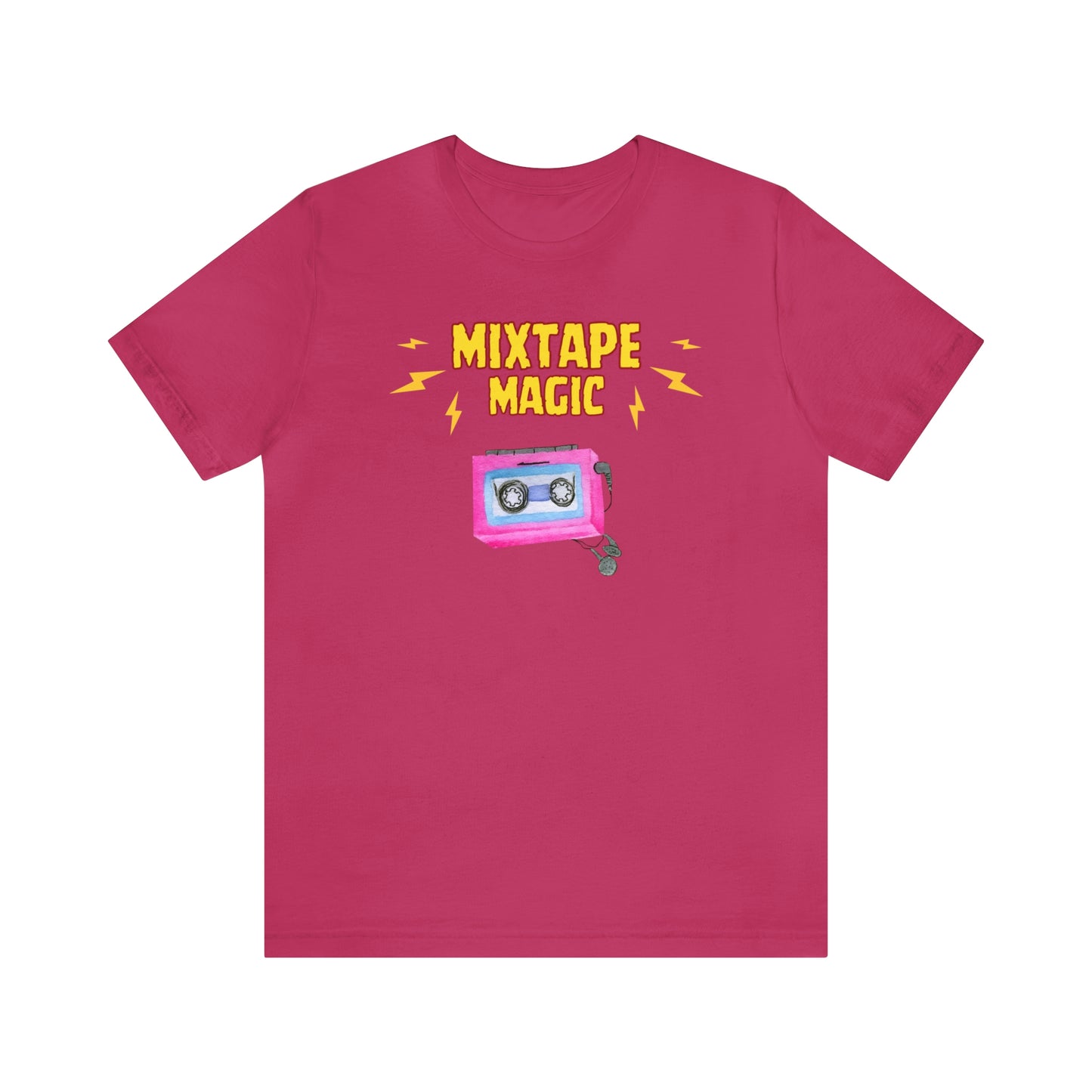 A retro music tshirt with the text "Mixtape magic" and a picture of a cassette player with headphones
