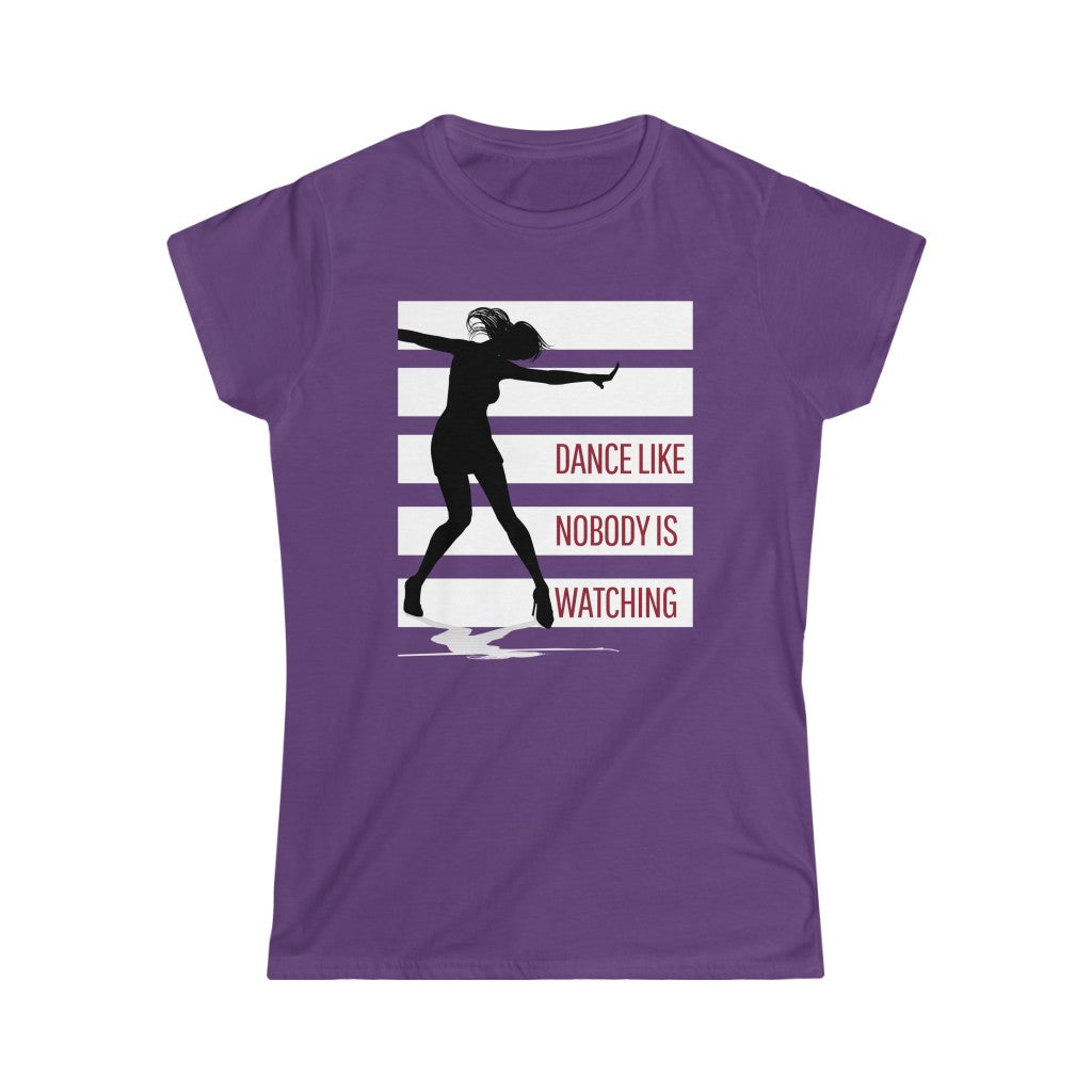 A dance t shirt with white stripes and a dancer in silhouette. It has the text "dance like nobody is watching". The perfect dancing queen t shirt for the ones who only eat sleep dance repeat.