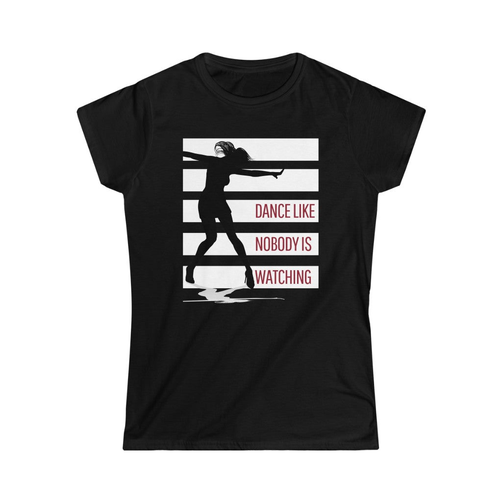 A dance t shirt with white stripes and a dancer in silhouette. It has the text "dance like nobody is watching". The perfect dancing queen t shirt for the ones who only eat sleep dance repeat.