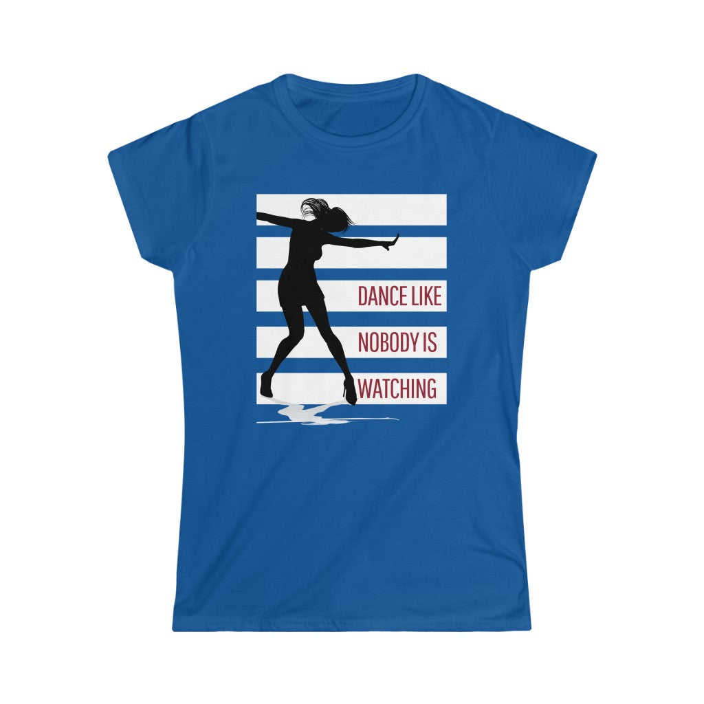 A dance t shirt with white stripes and a dancer in silhouette. It has the text "dance like nobody is watching". The perfect dancing queen t shirt for the ones who only eat sleep dance repeat.