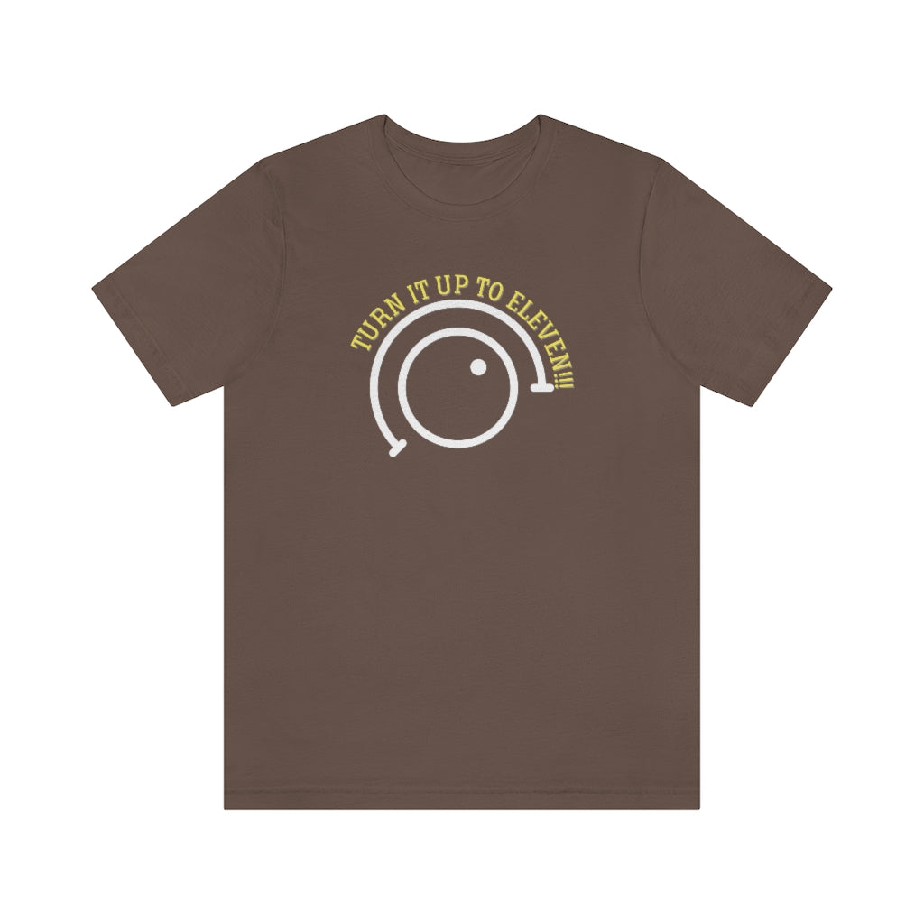 A music tshirt with the text "turn it up to eleven". A funny music tshirt for metal fans.