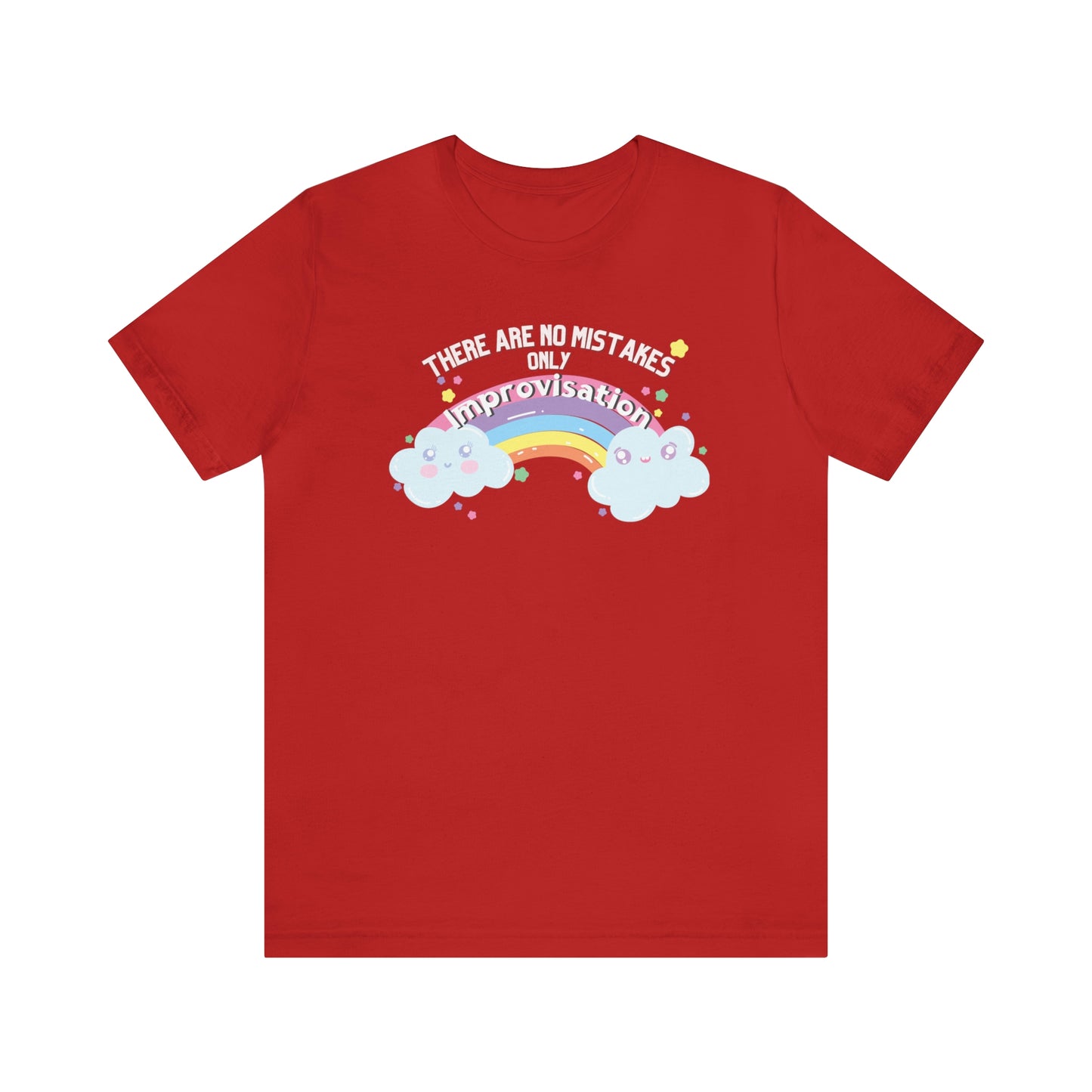 Funny dance tshirt with the text "there are no mistakes only improvisation" and two happy clouds connected by a rainbow