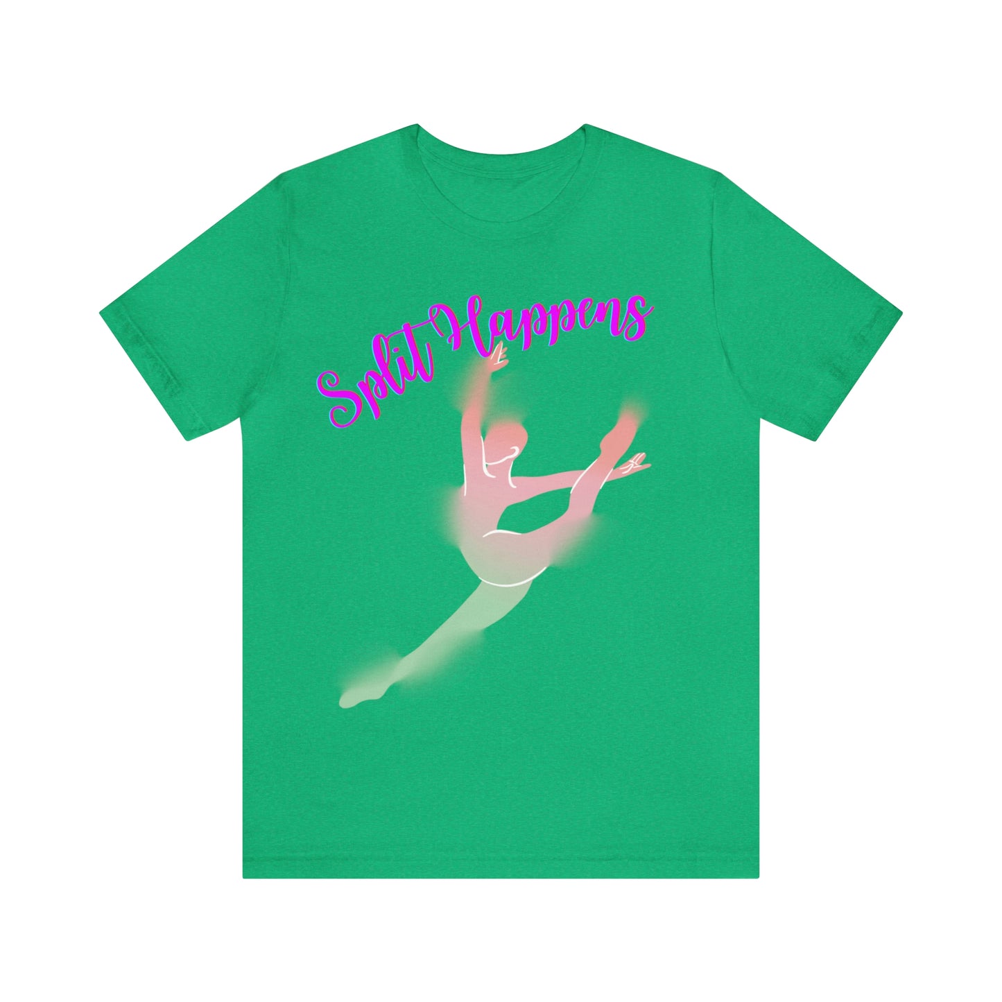 A ballet dance tshirt with the text "Split happens" and a picture of a ballerina doing the splits. The best of all dance t shirts for ballerinas!