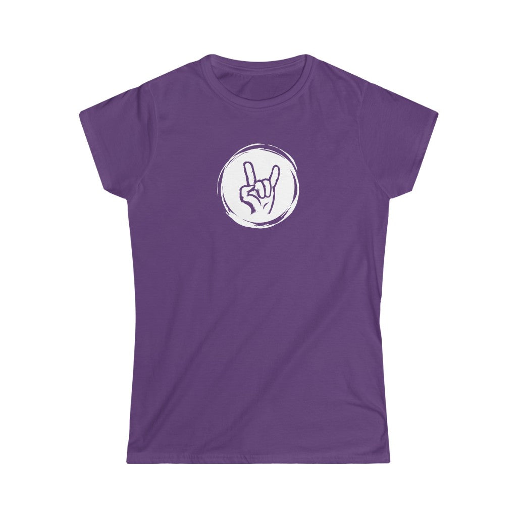 A rock tshirt with the graphics of a hand doing the rock sign "Sign of the horns"